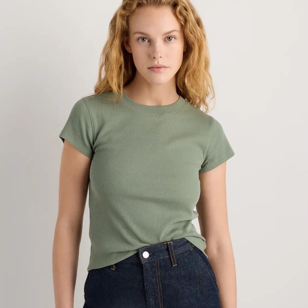 Quince XS Organic Cotton Ribbed Baby Tee Olive Green Short Sleeve Crew Neck